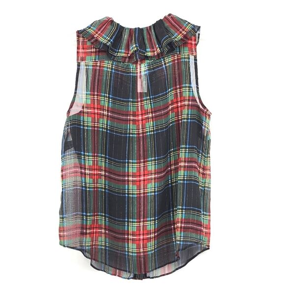 J Crew Sleeveless Ruffle Collar Top Womens Small Black Stewart Tartan Plaid - Picture 7 of 12